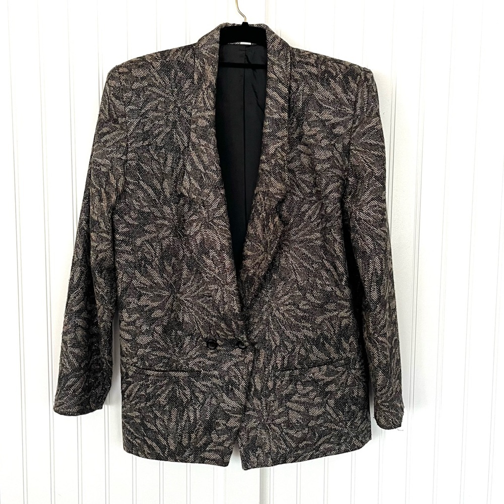 Vintage 80s 90s Oversized Black and Silver Floral Blazer Medium Metallic Thread